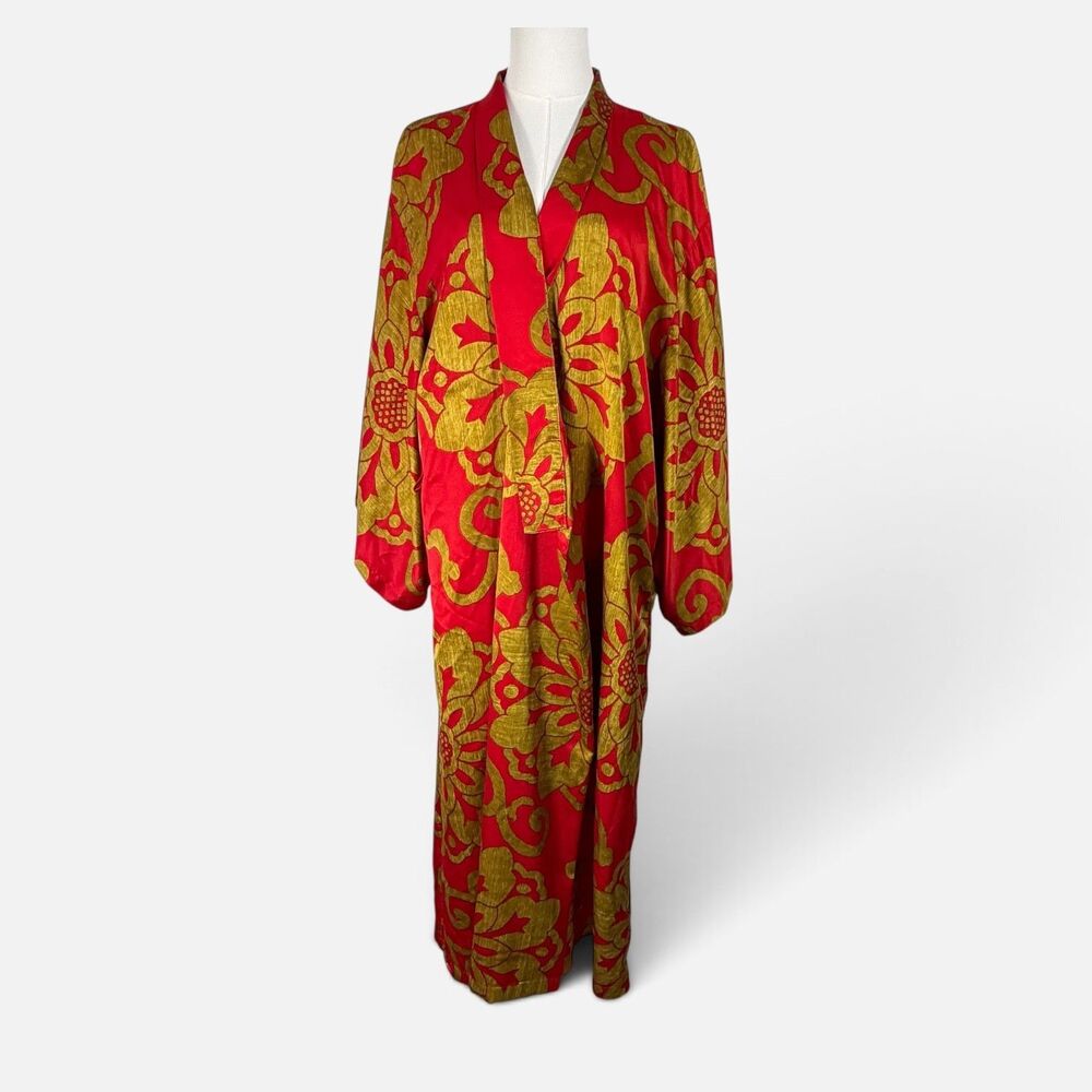 Natori Private Luxuries Red Gold Floral Long Robe Kimono Cover Up Women's L